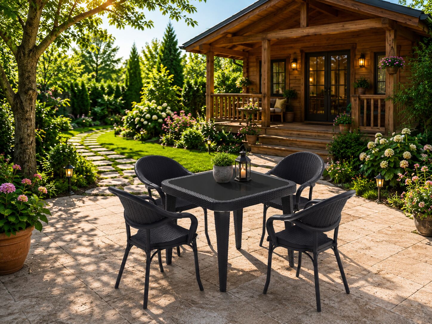 RATTAN GÖRÜNÜMLÜ  KARE PLASTİK MASA TAKIMI